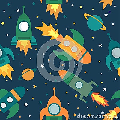 Childish seamless pattern with spaceship, stars, planets and stars Cartoon Illustration