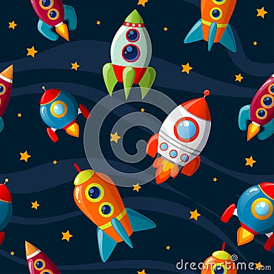 Childish seamless pattern with spaceship and stars Vector Illustration