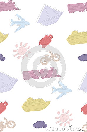 Childish seamless pattern with train, ship, steamer, plane, cloud, and Sun. Good for kids fabric, textile Stock Photo