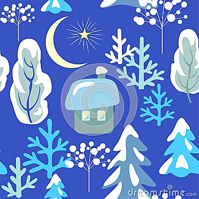 Childish seamless pattern with winter landscape with snowy firs, trees, little house, crescent, star on blue background. Winter ki Vector Illustration