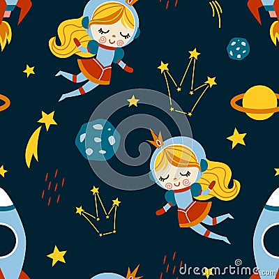 Childish seamless vector pattern girl in space, rocket, spaceships and planets with stars Vector Illustration
