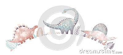 Childish set with illustration of colorful dinosaurs, doodles, palm leaves isolated on white background. Poster with Cartoon Illustration