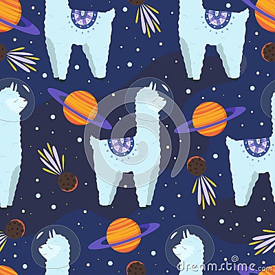 Childish space seamless pattern with cute animals, planets and comets. Vector cartoon cosmos illustration with llamas or alpaca Vector Illustration