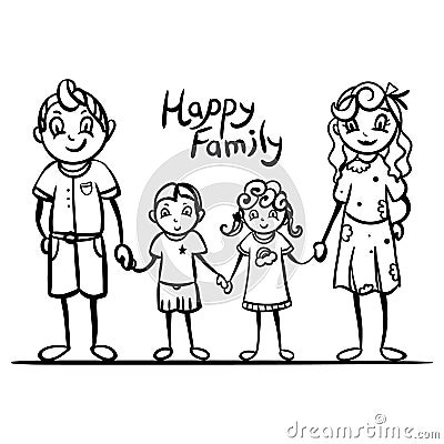 Childish style cartoo illustration of a family, mother, father, son and daughter Vector Illustration