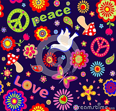 Childish wallpaper with colorful abstract flowers, hippie symbolic, mushrooms and dove Vector Illustration