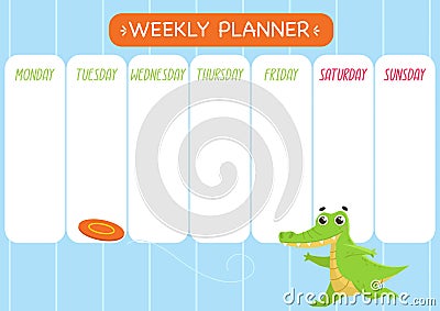 Childishly cute week planner. Horizontal. With cute crocodile and frisbee. Vector Illustration