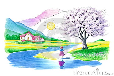 Childlike cute illustration with girl on landscape background Cartoon Illustration