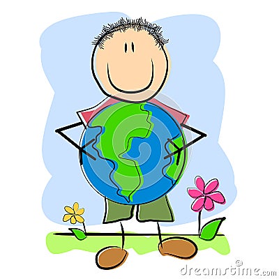 Childlike Drawing Child And Earth Cartoon Illustration