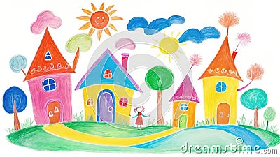 Childlike Drawing of Family House, Tree, Sun Illustration, Colorful Crayon on White Background Stock Photo