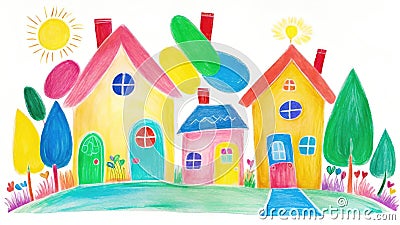 Childlike Drawing of Family House, Tree, Sun Illustration, Colorful Crayon on White Background Stock Photo
