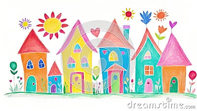 Childlike Drawing of Family House, Tree, Sun Illustration, Colorful Crayon on White Background Stock Photo