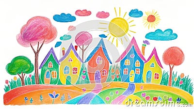 Childlike Drawing of Family House, Tree, Sun Illustration, Colorful Crayon on White Background Stock Photo