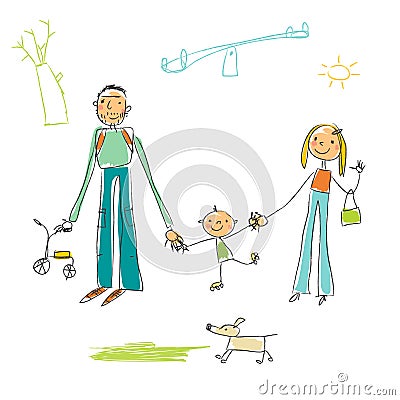 Childlike drawing Family Vector Illustration