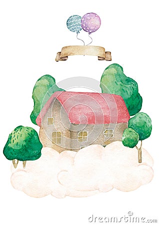 Childlike drawing of house. Hand drawn watercolor illustration. Isolated on white background Cartoon Illustration