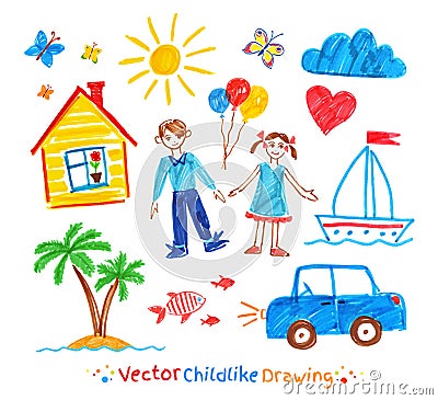 Childlike drawing set Vector Illustration