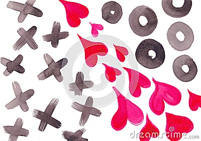 Childlike Watercolor Painting of Noughts Crosses And Hearts Cartoon Illustration