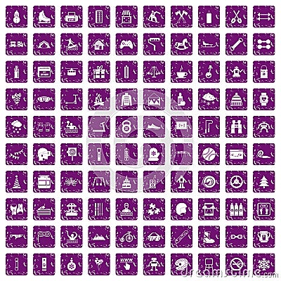 100 children activities icons set grunge purple Vector Illustration