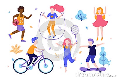 Children activities. Set of kids doing sports, riding the bicycle, playing basketball, jogging, jumping, skating Vector Illustration