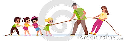 Children and adults tug war. Physical education lesson, teacher versus students, adults and kids pull rope, team sports Vector Illustration