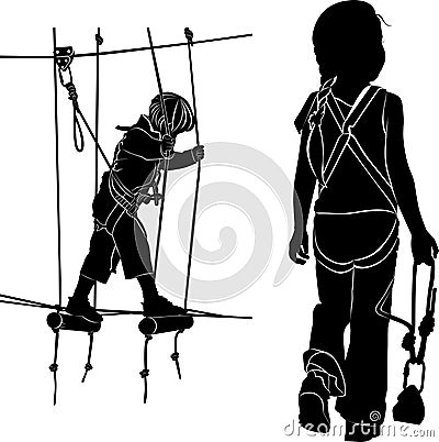 Children in adventure park rope ladder. children have a rest in the ropes course. vector black silhouette on white backgr Vector Illustration