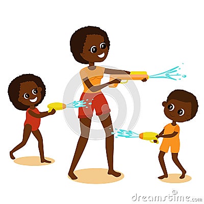 Children Africans or African Americans in swimsuits play water battle with mom in cartoon style. Vector Illustration