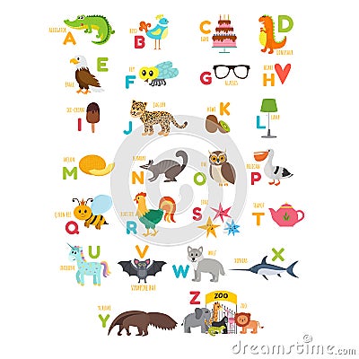 Children alphabet with cute cartoon animals and other funny elem Vector Illustration