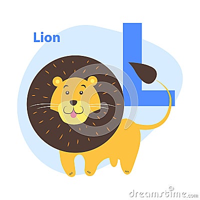 Children`s Alphabet Icon Cartoon Lion Letter L Vector Illustration