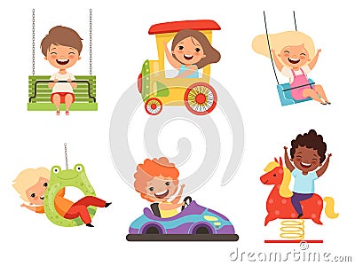 Children amusement park. Happy kids sitting and playing various attractions games smiling male female boys and girls Vector Illustration