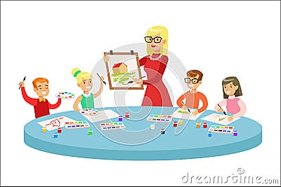 Children In Art Class Two Cartoon Illustrations With Elementary School Kids And Their Techer Crafting And Drawing In Vector Illustration