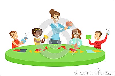 Children In Art Class Two Cartoon Illustrations With Elementary School Kids And Their Techer Crafting And Drawing In Vector Illustration