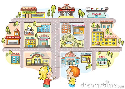 Children asking and telling the way to different city buildings Vector Illustration