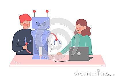 Children Assembling and Programming Robots, Young Engineers Working on Future Technology Educational Project Cartoon Vector Illustration