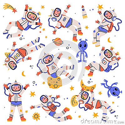Children Astronaut Characters Floating in Spacesuit Vector Set Stock Photo