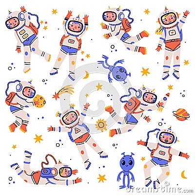Children Astronaut Characters Floating in Spacesuit Vector Set Vector Illustration
