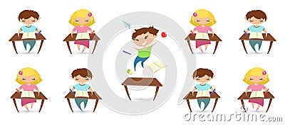 Children attention deficit hyperactivity disorder problem. Vector illustration of classroom. Children studying. Flat boys and Vector Illustration