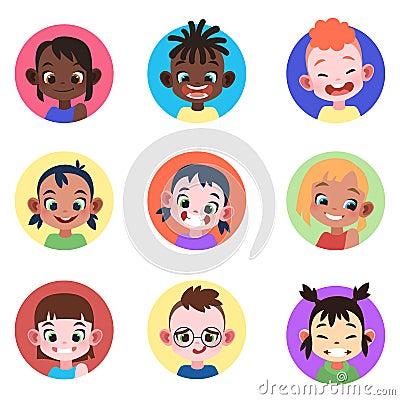 Children avatar. Faces childhood cute kids boys girls avatars head child profile portrait character web user Vector Illustration