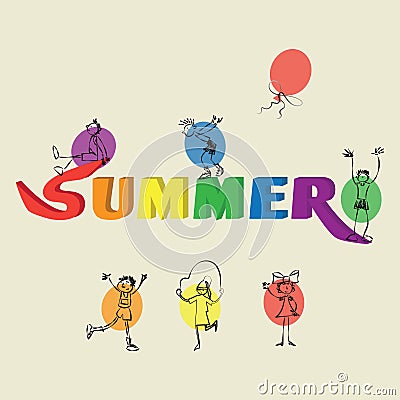 Children, balloon and word SUMMER.. Vector Illustration