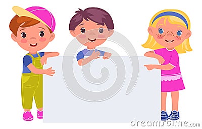 Children with banner. Little boys and girls hold blank surface. Happy activists showing rectangular billboard. Preschool Vector Illustration