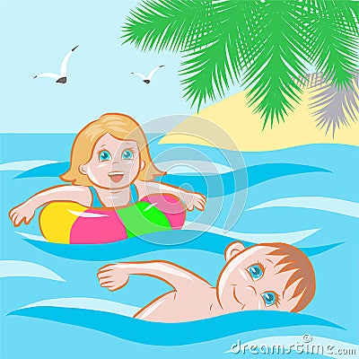Children bathe in the sea at the resort Vector Illustration