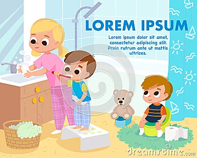 Children in bathroom doing everyday hygiene activities for kids Vector Illustration