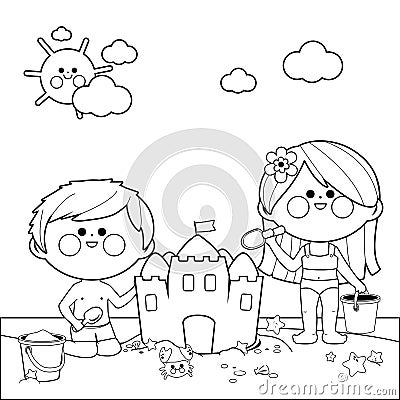 Children at the beach building a sandcastle. Vector black and white coloring page. Vector Illustration