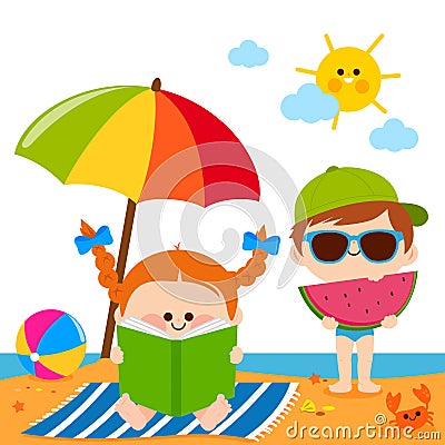 Children at the beach reading a book and eating a slice of watermelon under a beach umbrella. Vector illustration. Vector Illustration