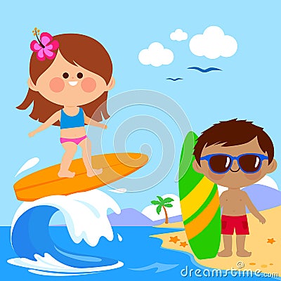 Children at the beach surfing on a wave in the sea. Vector illustration Vector Illustration