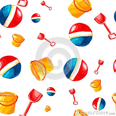 Children beach toys pattern watercolor Stock Photo