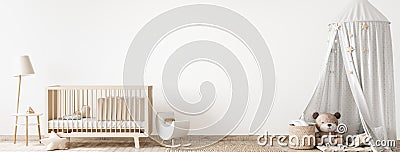 Children bedroom design mock up with unisex natural wooden furniture, panorama Stock Photo