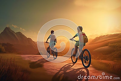 Children bicycle travel sunset. Generate Ai Stock Photo