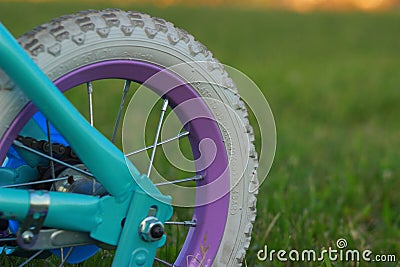 Children bicycle wheel on green grass, close up photo Stock Photo