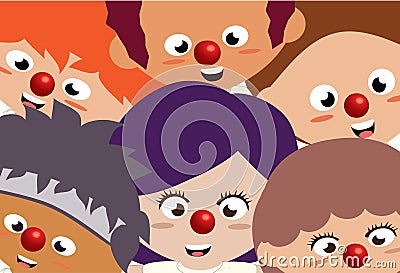 Children with big red nose standing together Vector Illustration