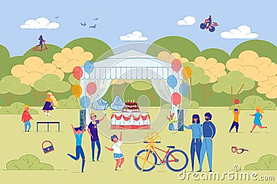 Children Birthday Celebration Outdoor in Park Vector Illustration
