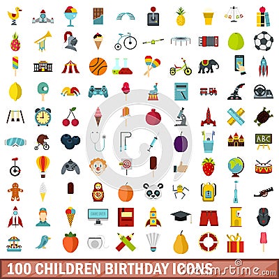 100 children birthday icons set, flat style Vector Illustration